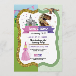 Invitación Niño Chica de la Princesa y Dinosaurio Castillo de