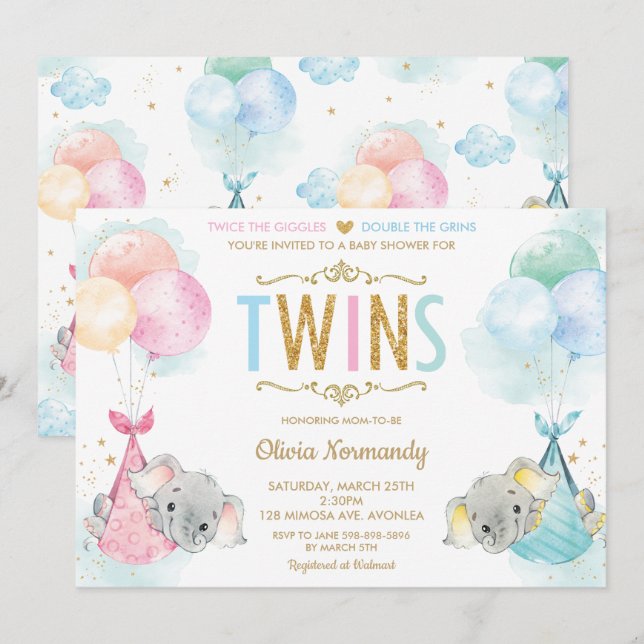 Invitación Niño Chica elefante Baby Shower Sprinkle (Anverso / Reverso)