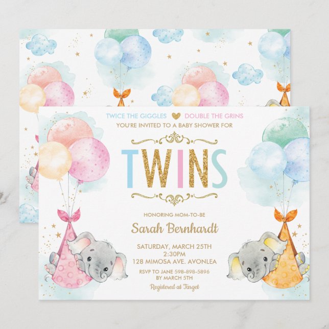 Invitación Niño Chica elefante Baby Shower Sprinkle (Anverso / Reverso)