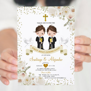 Invitación Niño Chica Flor Blanca 1ª Santa Comunión Oro