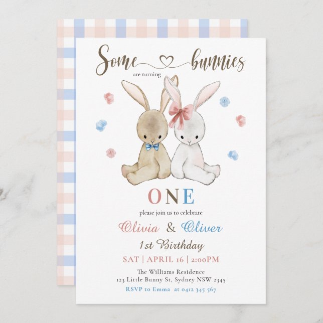Invitación Niño Chica gemela algunos conejitos primer cumplea (Anverso / Reverso)