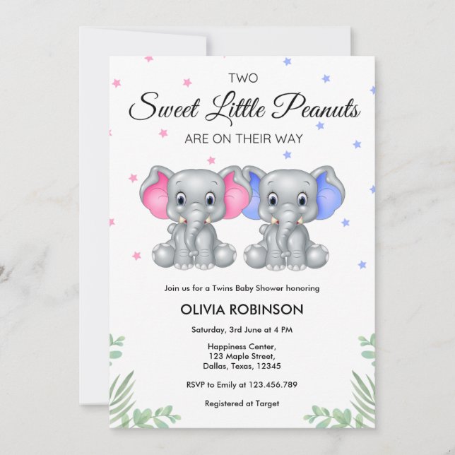 Invitación Niño Chica gemelo elefante lindo Baby Shower (Anverso)