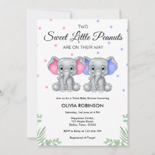 Invitación Niño Chica gemelo elefante lindo Baby Shower