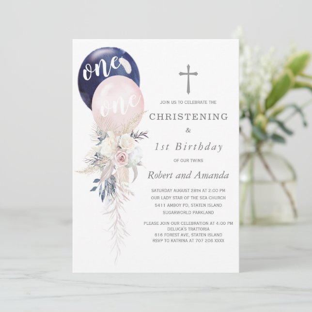 Invitación Niño Chica gemelos cristiano y primer cumpleaños (Anverso de pie)