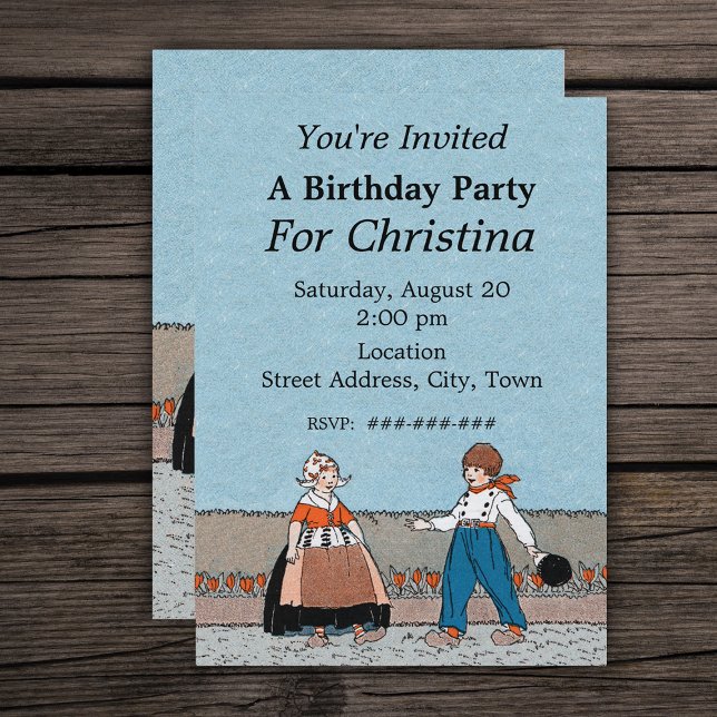 Invitación Niño Chica holandés pequeño vestido tradicional cu (Little Dutch children in traditional clothes red tulips on Birthday party invitations.)
