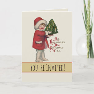 Invitación Niño con árbol de Navidad Arte de ilustración vint