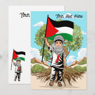 Invitación Niño con bandera palestina de Keffiyeh y olivo