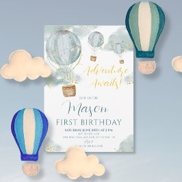 Invitación Niño con Globo Aerostático Azul Caliente Cumpleaño