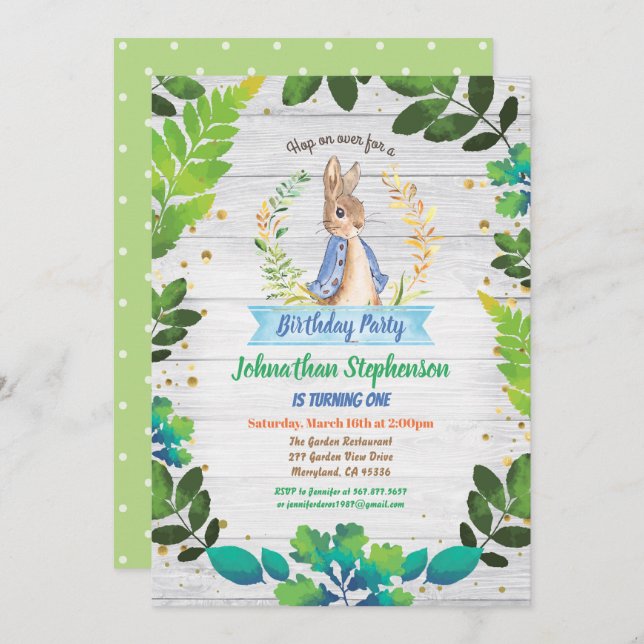 Invitación Niño conejo primer cumpleaños Primavera Pascua (Anverso / Reverso)