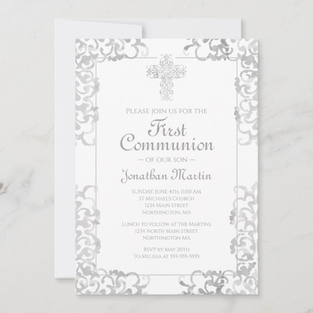 Invitación Niño cristiano de Damasco gris de primera comunión (Anverso)