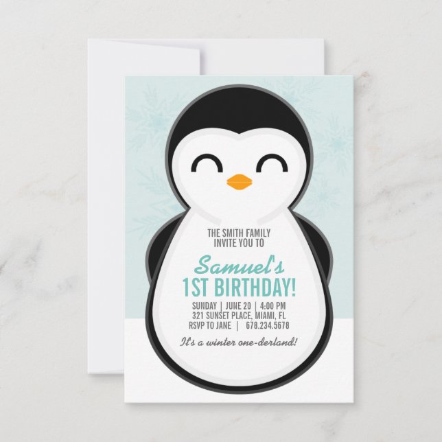 Invitación niño CUALQUIER EDAD invierno PENGUIN CUMPLEAÑOS li (Anverso)