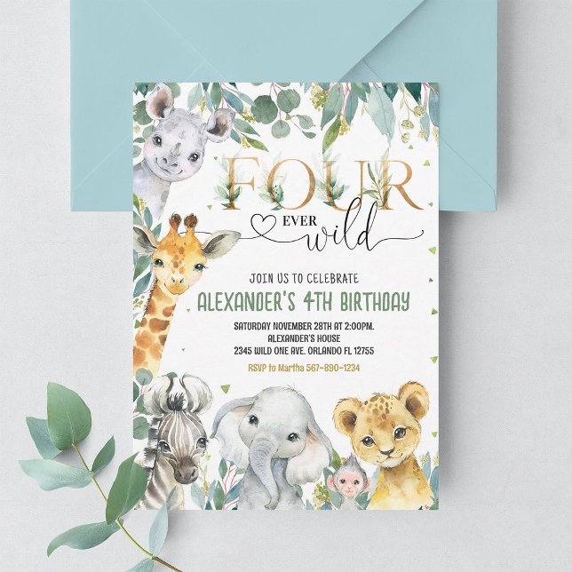 Invitación Niño Cuatro animales salvajes de la jungla de oro  (Subido por el creador)