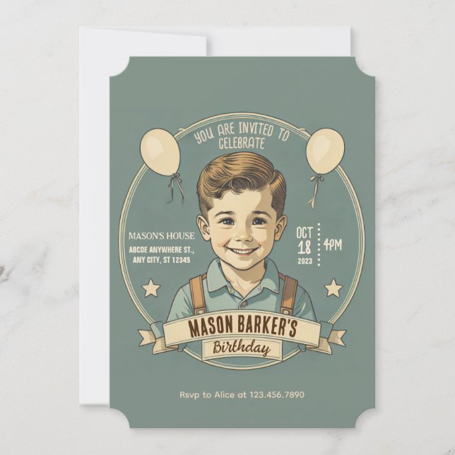 Invitación Niño cumpleañero vintage (Anverso)