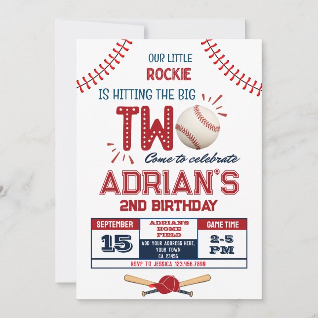 Invitación Niño de 2º cumpleaños del béisbol (Anverso)