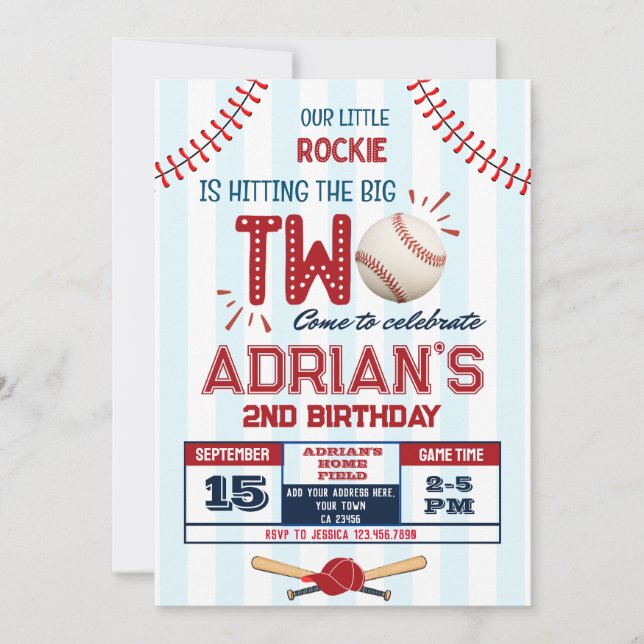 Invitación Niño de 2º cumpleaños del béisbol (Anverso)