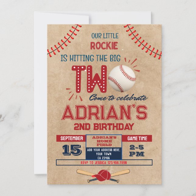 Invitación Niño de 2º cumpleaños del béisbol (Anverso)