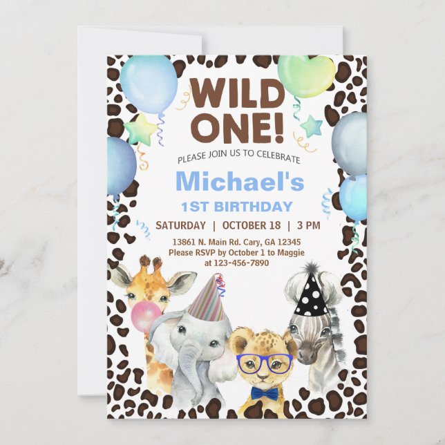 Invitación Niño de animales Safari Wild One 1st cumpleaños. (Anverso)