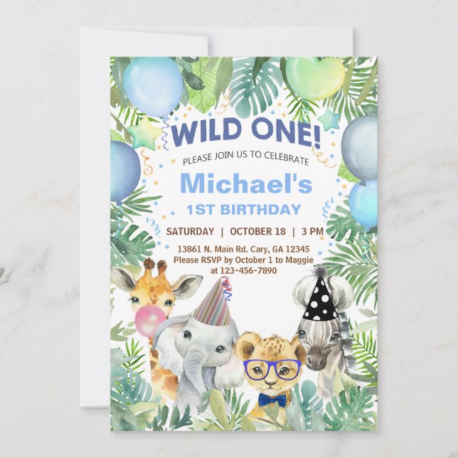 Invitación Niño de animales Safari Wild One 1st cumpleaños. I (Anverso)