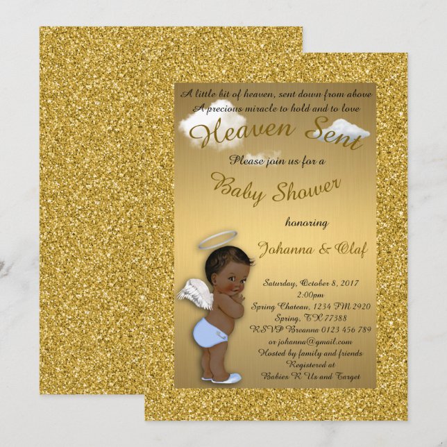 Invitación Niño de Baby Shower, afroamericano, ángel de bebé, (Anverso / Reverso)