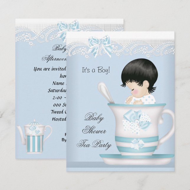 Invitación Niño de Baby Shower de cosecha virgen azul en el b (Anverso / Reverso)