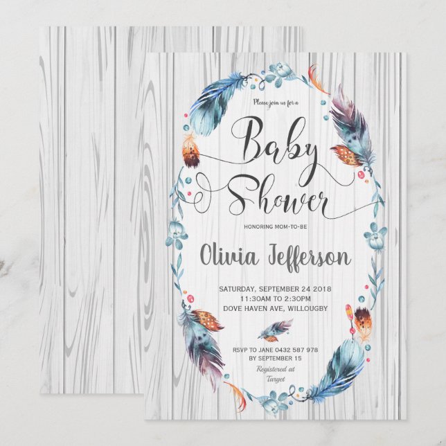 Invitación Niño de Boho rústico ducha plumas tribales (Anverso / Reverso)