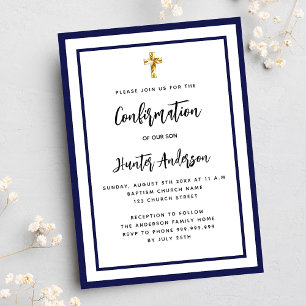 Invitación Niño de confirmación azul marino blanco
