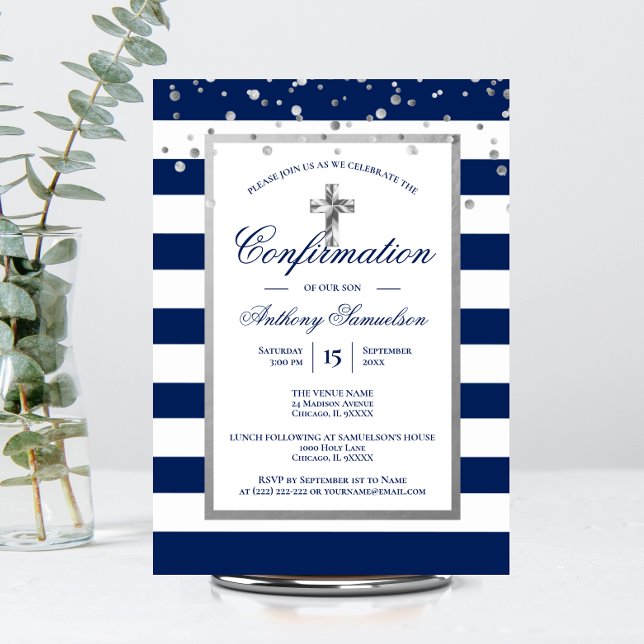 Invitación Niño de confirmación de franjas azules de la marin (Subido por el creador)