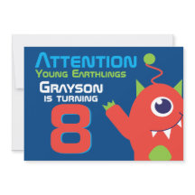 Niño de cumpleaños de Alien 8invitación naranja az