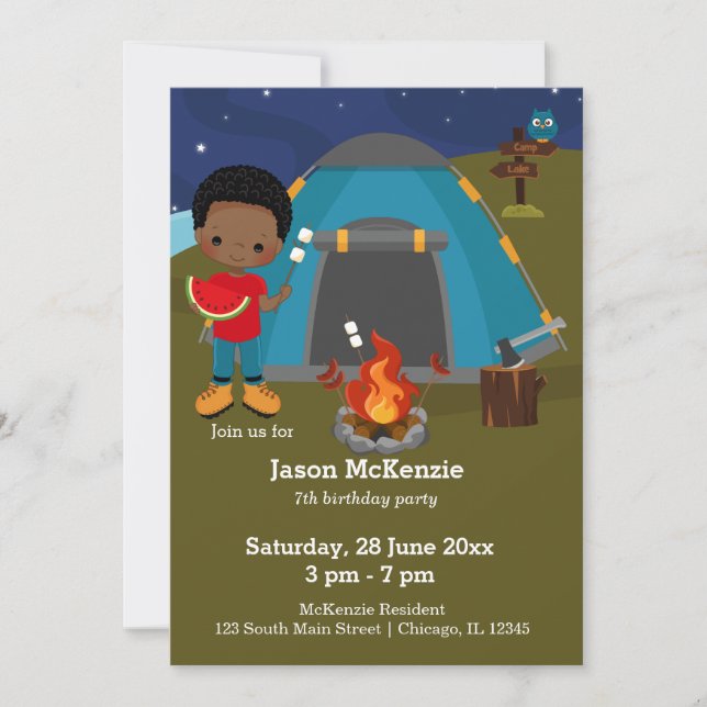 Invitación Niño de cumpleaños de camping (Anverso)