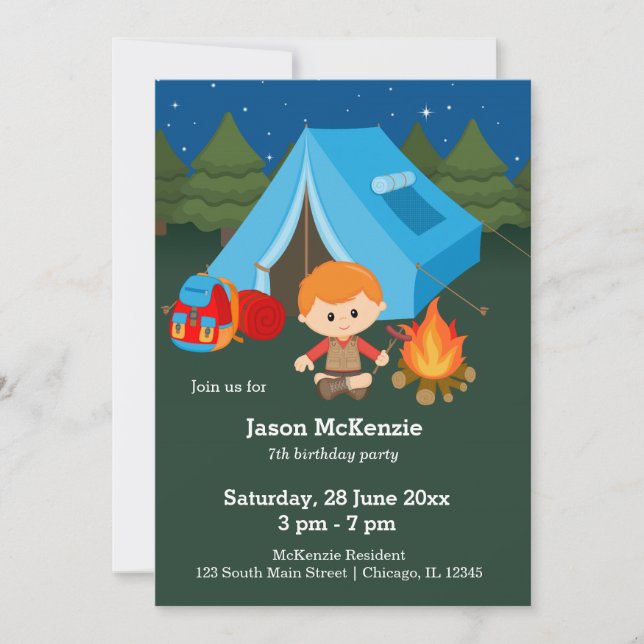 Invitación Niño de cumpleaños de camping (Anverso)