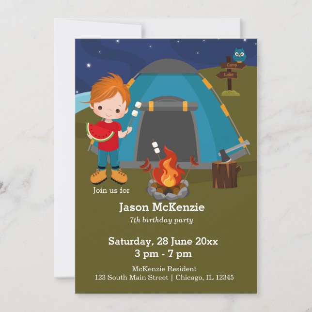 Invitación Niño de cumpleaños de camping (Anverso)