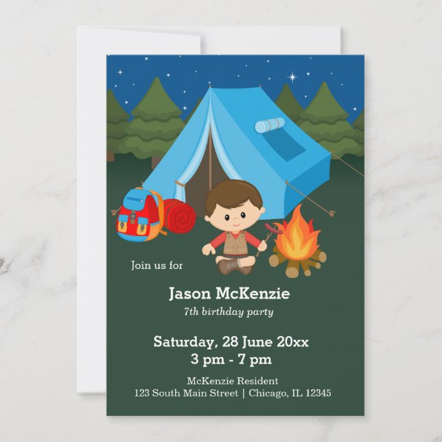Invitación Niño de cumpleaños de camping (Anverso)