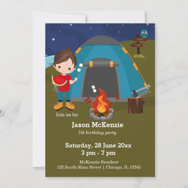 Invitación Niño de cumpleaños de camping (Anverso)