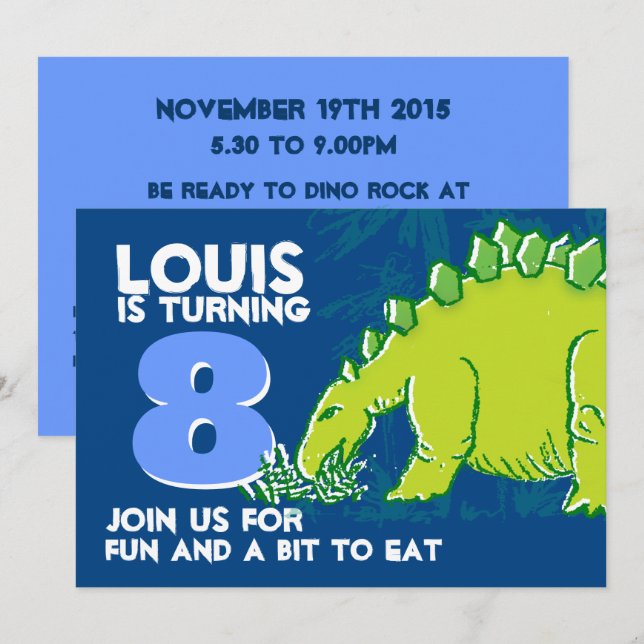 Invitación Niño de cumpleaños de Dinosaur 8invitación azul ve (Anverso / Reverso)