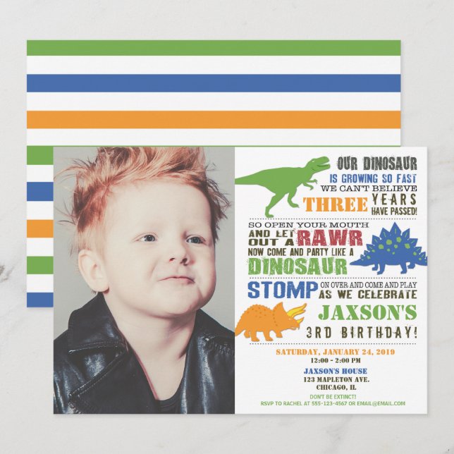 Invitación Niño de cumpleaños Dinosaur foto de naranja azul v (Anverso / Reverso)