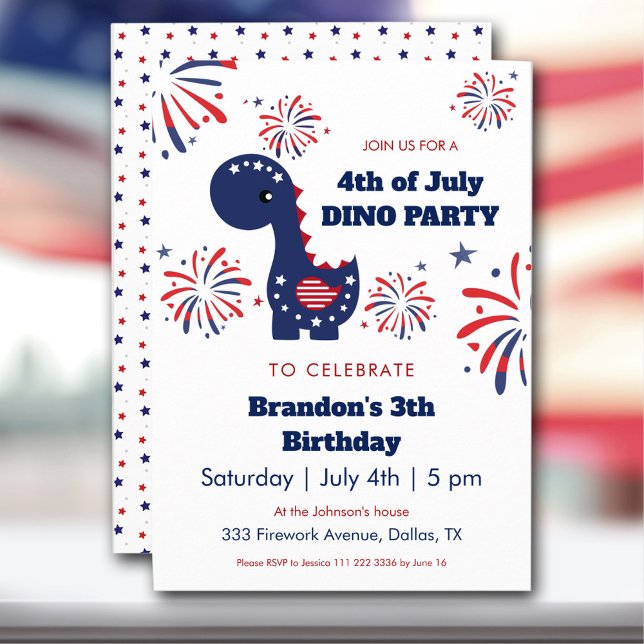 Invitación Niño de Dinosaurio: Fuegos artificiales Patriótico (Dinosaur Boy Patriotic Fireworks 4th of July Party Invitation)