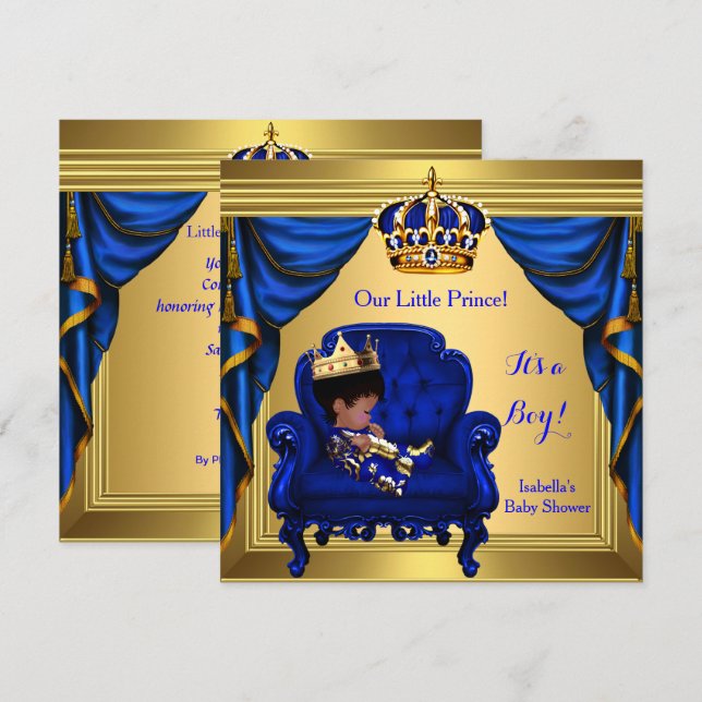 Invitación Niño de etnia Baby Shower Prince Royal Blue Gold (Anverso / Reverso)