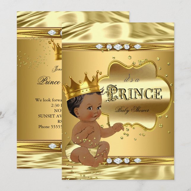 Invitación Niño de etnia bebe del Relieve metalizado dorado B (Anverso / Reverso)
