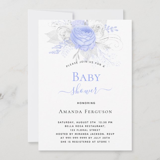 Invitación niño de flores blancas de plata azul de Baby Showe (Anverso)