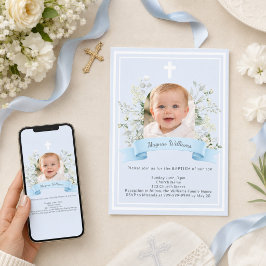 Invitación Niño de foto azul flores blancas arco Bautizo