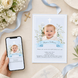 Invitación Niño de foto azul flores blancas arco Bautizo