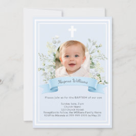 Invitación Niño de foto azul flores blancas arco Bautizo