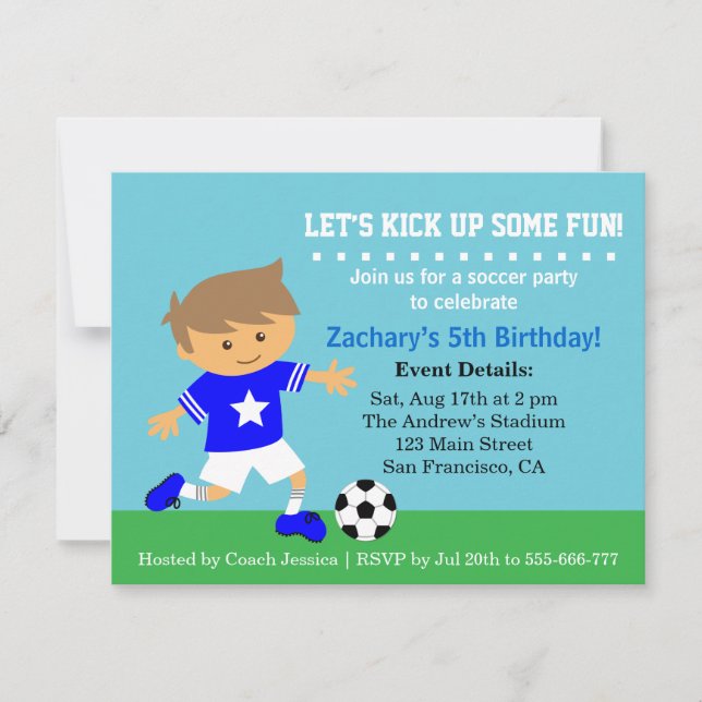 Invitación Niño de fútbol, fiesta de cumpleaños temática del  (Anverso)