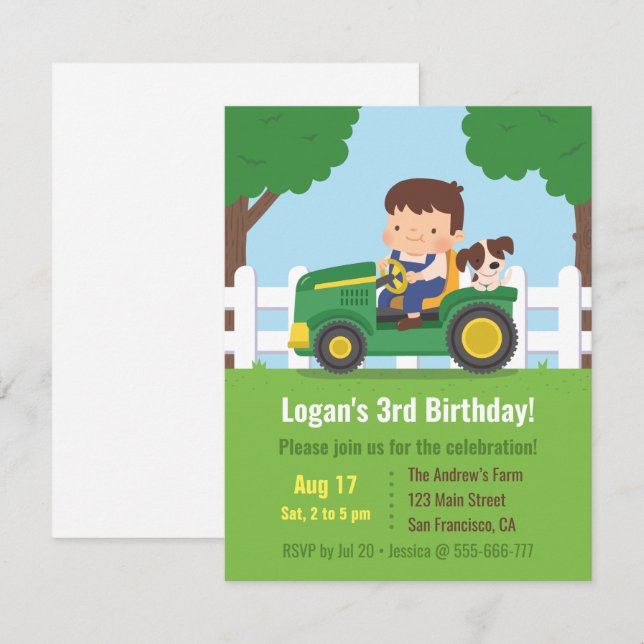 Invitación Niño de granja Tractor y cachorro Fiesta de cumple (Anverso / Reverso)