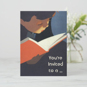Invitación Niño de la época leyendo un libro de la biblioteca