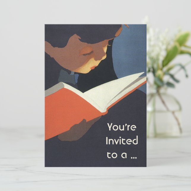Invitación Niño de la época leyendo un libro de la biblioteca (Anverso de pie)