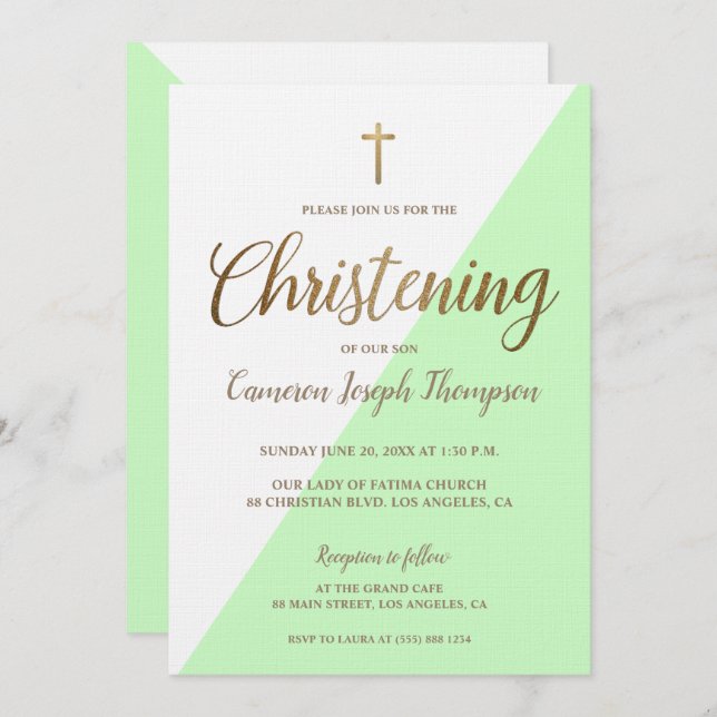 Invitación Niño de la infancia del Green Gold Christening (Anverso / Reverso)