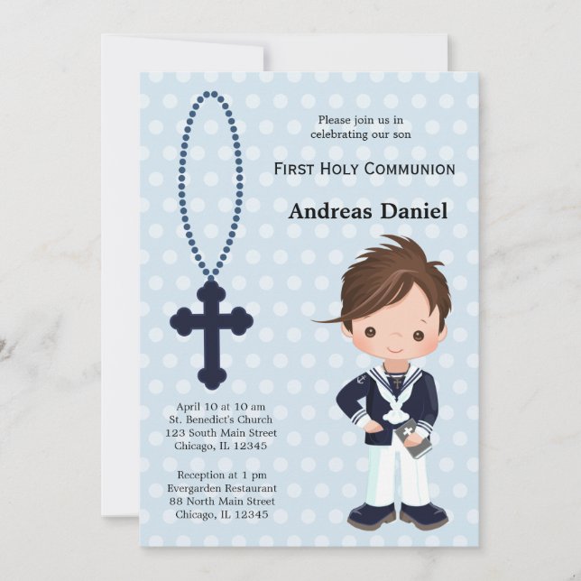 Invitación Niño de la Primera Comunión del marinero español (Anverso)