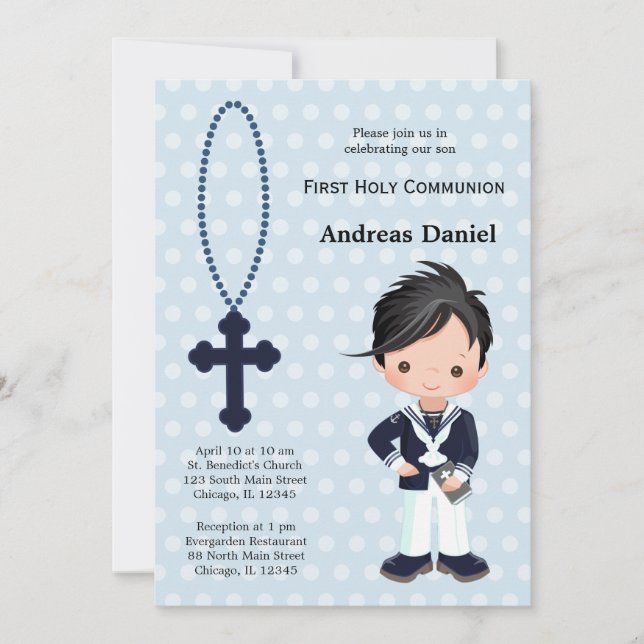 Invitación Niño de la Primera Comunión del marinero español (Anverso)