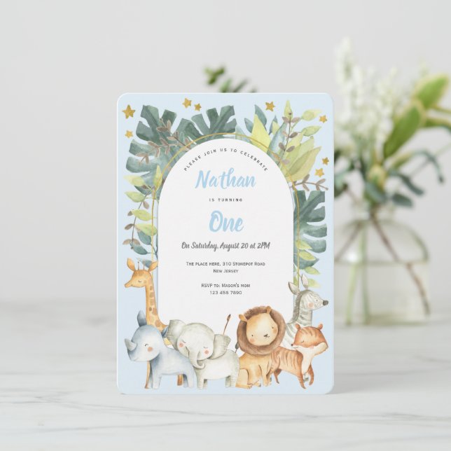 Invitación Niño de los animales azules en la jungla del safar (Anverso de pie)